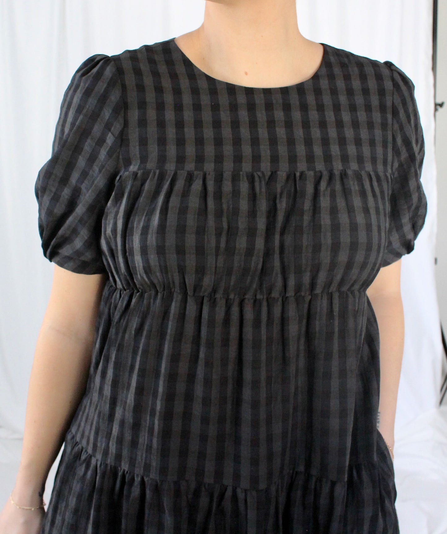 Tiered Throw On Gingham Midi Dress