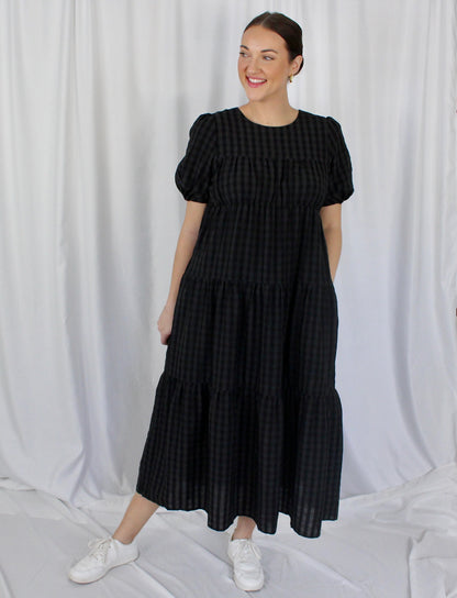 Tiered Throw On Gingham Midi Dress