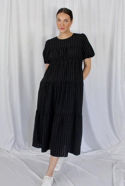 Tiered Throw On Gingham Midi Dress