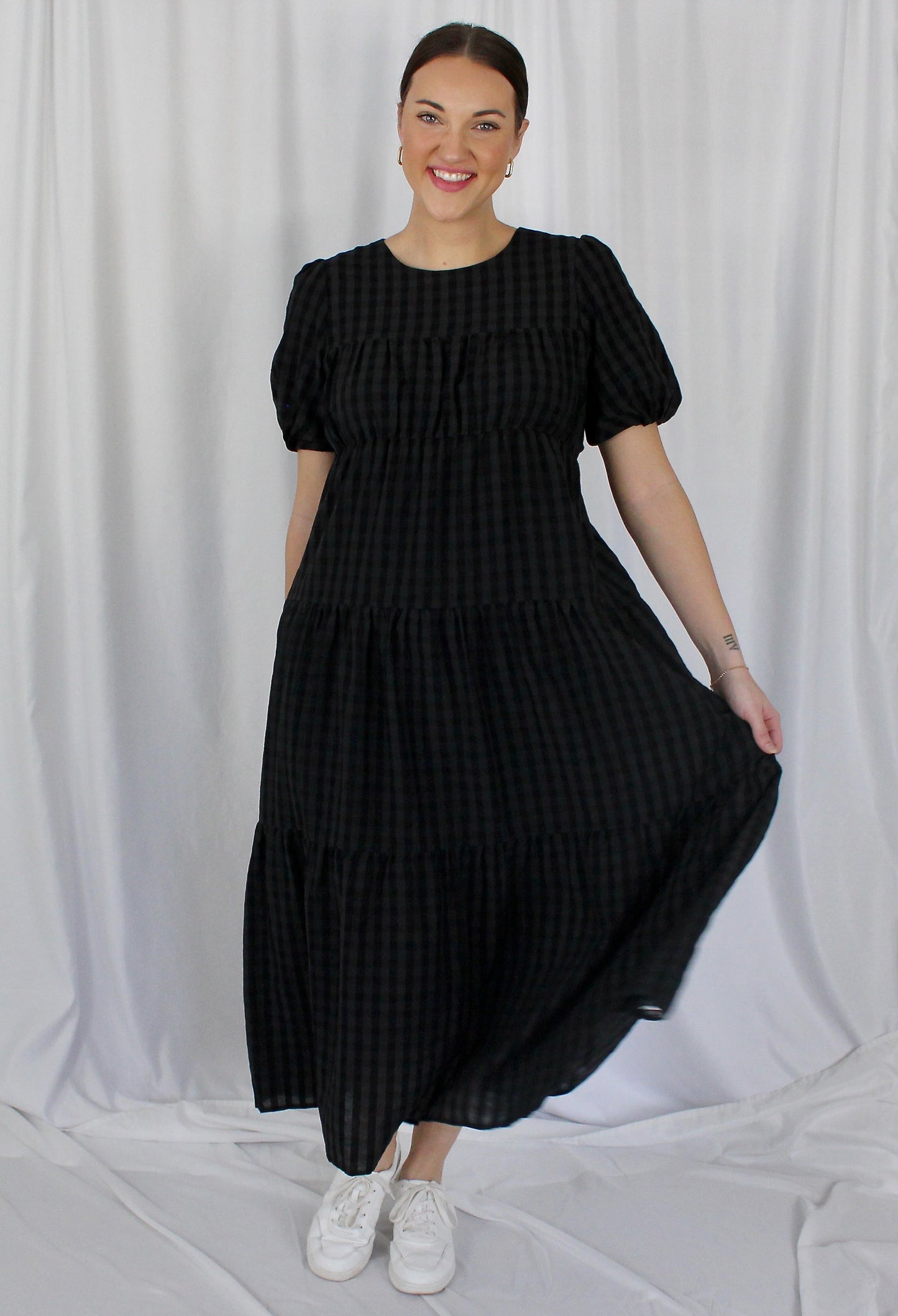 Tiered Throw On Gingham Midi Dress