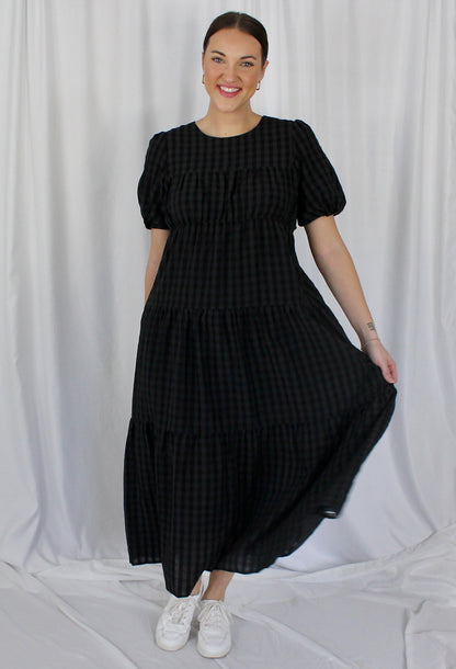 Tiered Throw On Gingham Midi Dress