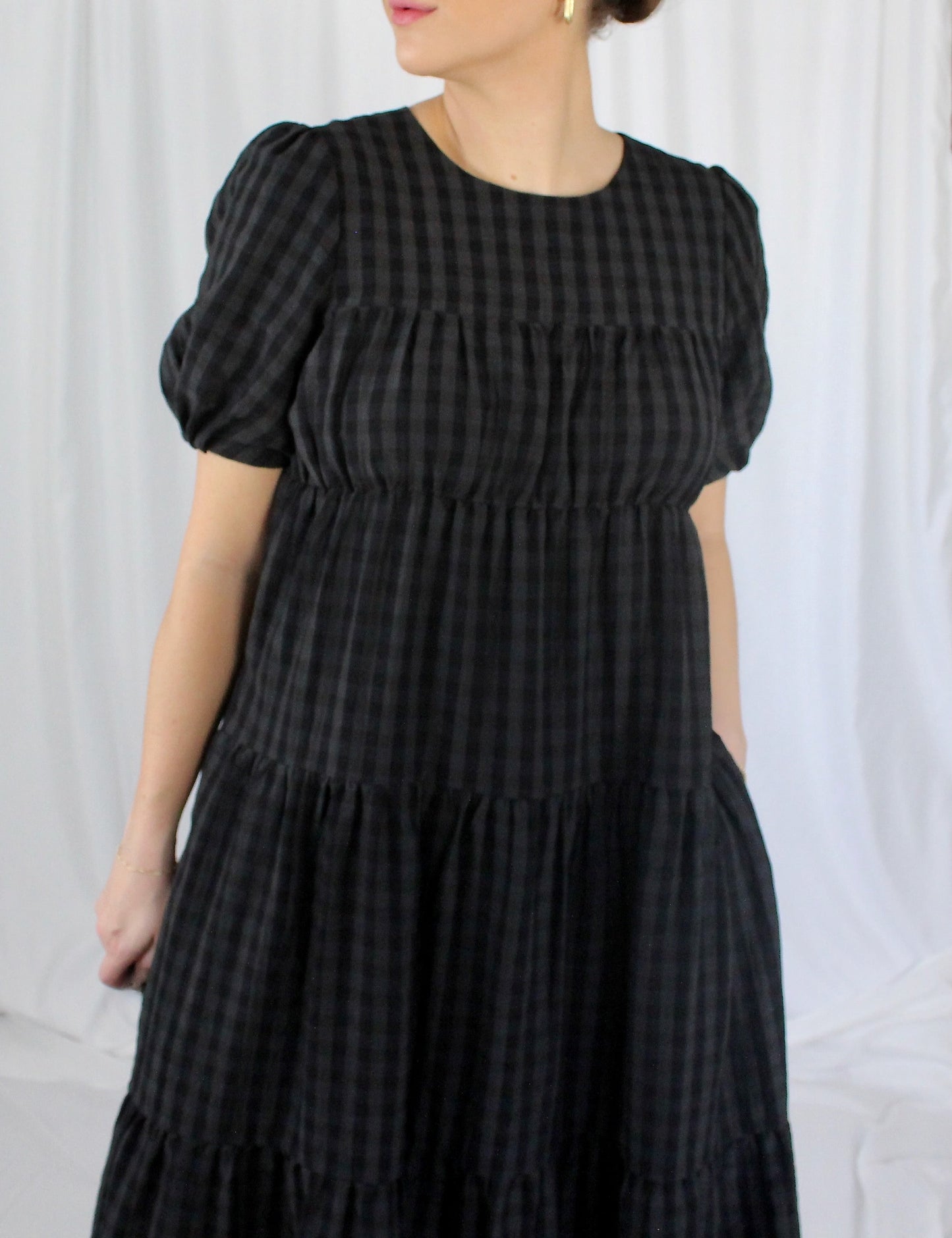Tiered Throw On Gingham Midi Dress